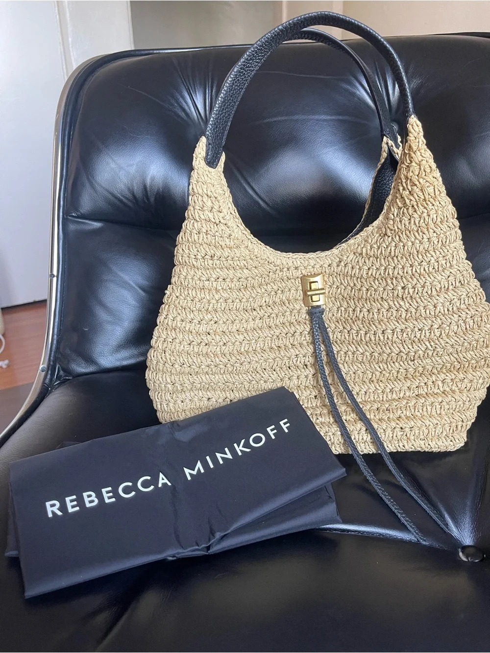 Rebecca Minkoff Darren Carrysome Raffia & Black Leather Shoulder Bag with Tags